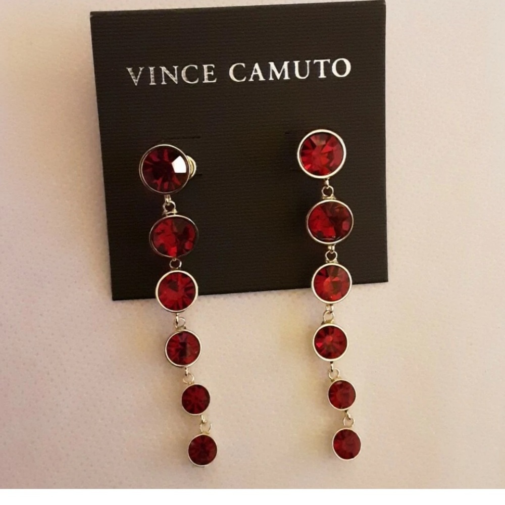 Vince Camuto Gold Tone & Round Ruby Red Crystal Linear Drop Earrings NWT